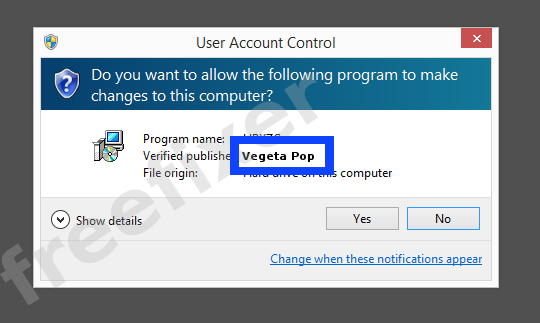 Screenshot where Vegeta Pop appears as the verified publisher in the UAC dialog